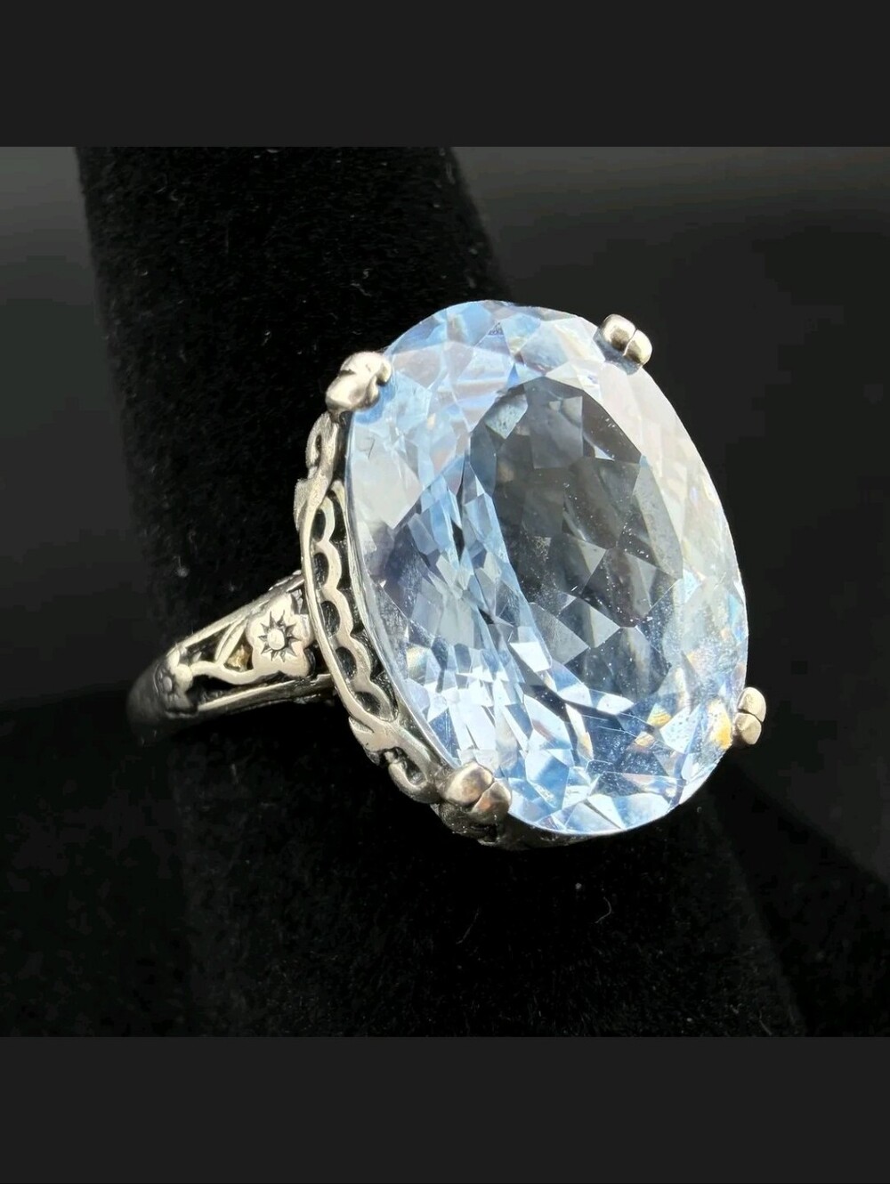 Large Blue Topaz Sterling Silver Statement Ring Size 7 - Ornate Floral Filigree